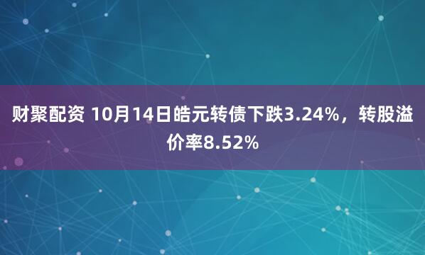 财聚配资 10月14日皓元转债下跌3.24%，转股溢价率8.52%